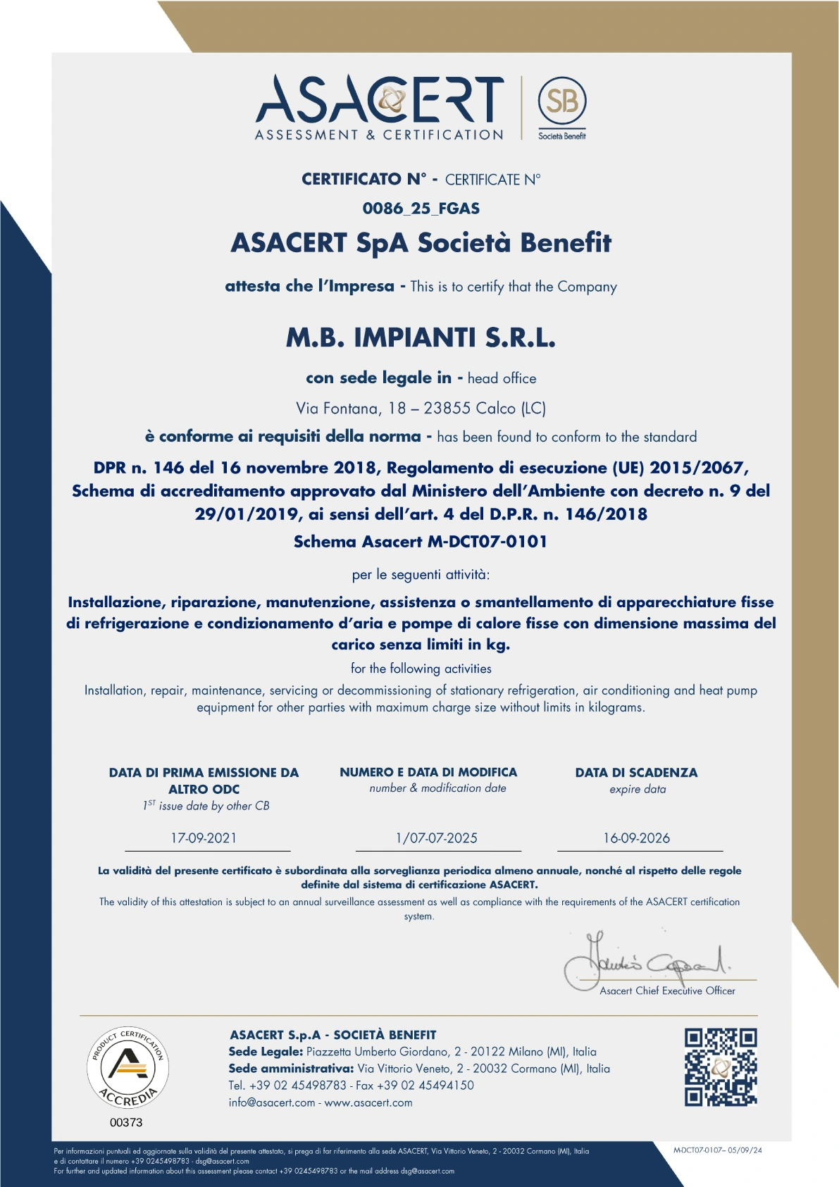 ASACERT - CERTIFICATO FGAS MB IMPIANTI